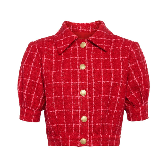 L'AGENCE Cove Cropped Tweed Jacket in Red/Hot Pink Plaid 2