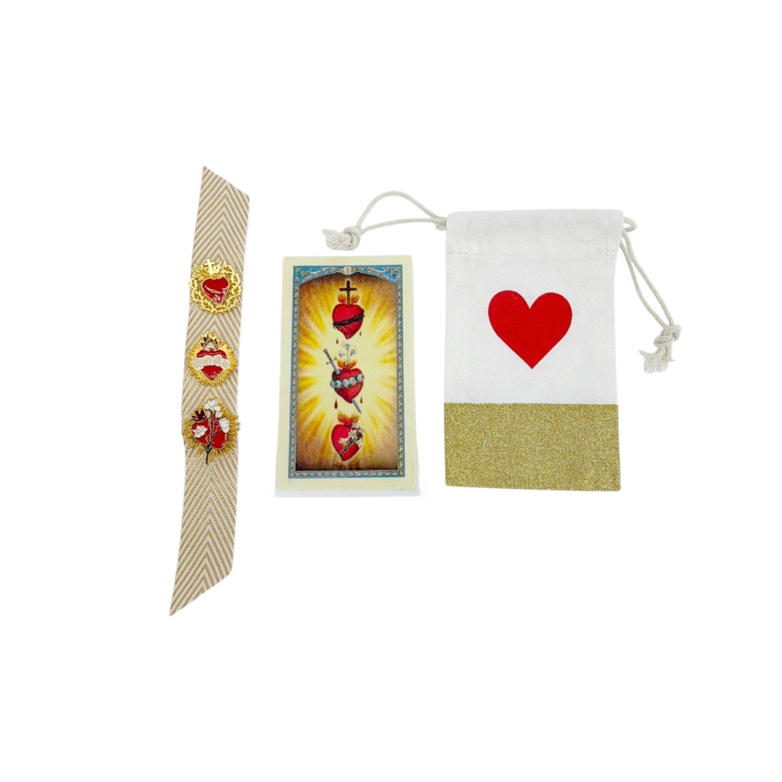 THE THREE HEARTS of the Holy Family Brooch Pins & Prayer Card Gift Set Fratelli Bonella