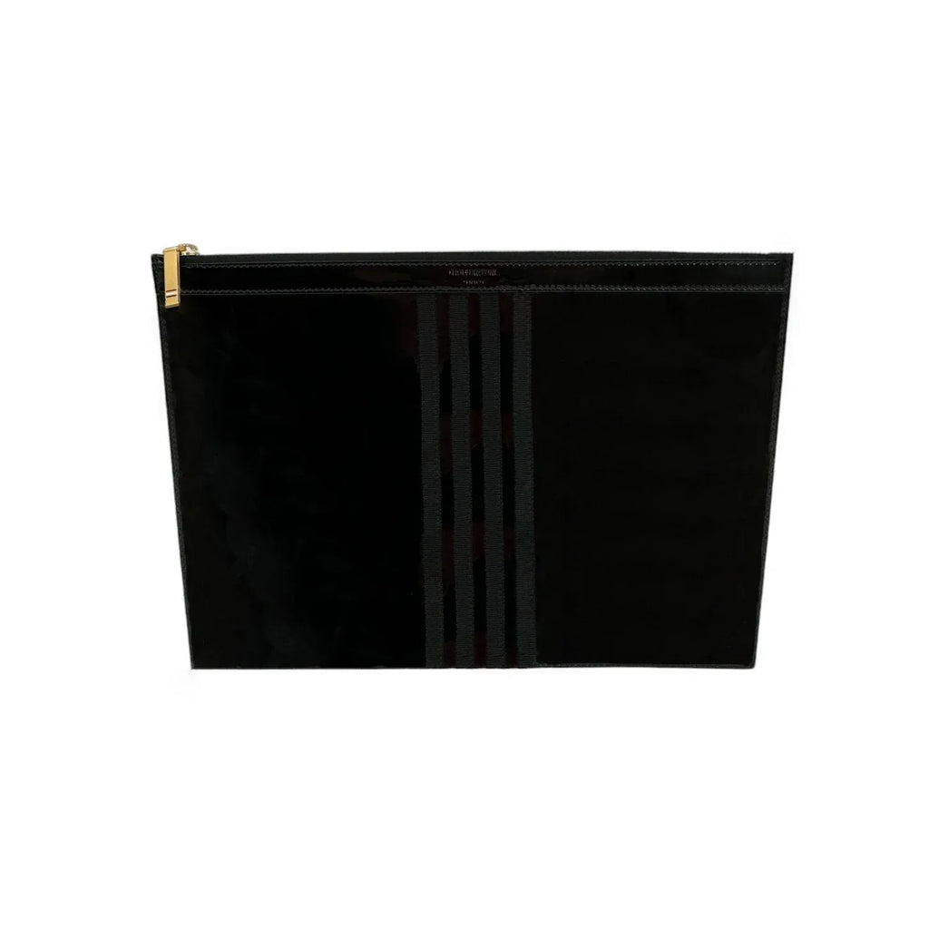 THOM BROWNE Black Soft Patent Leather Grosgrain 4-Bar Medium Document Holder - flyKAMP