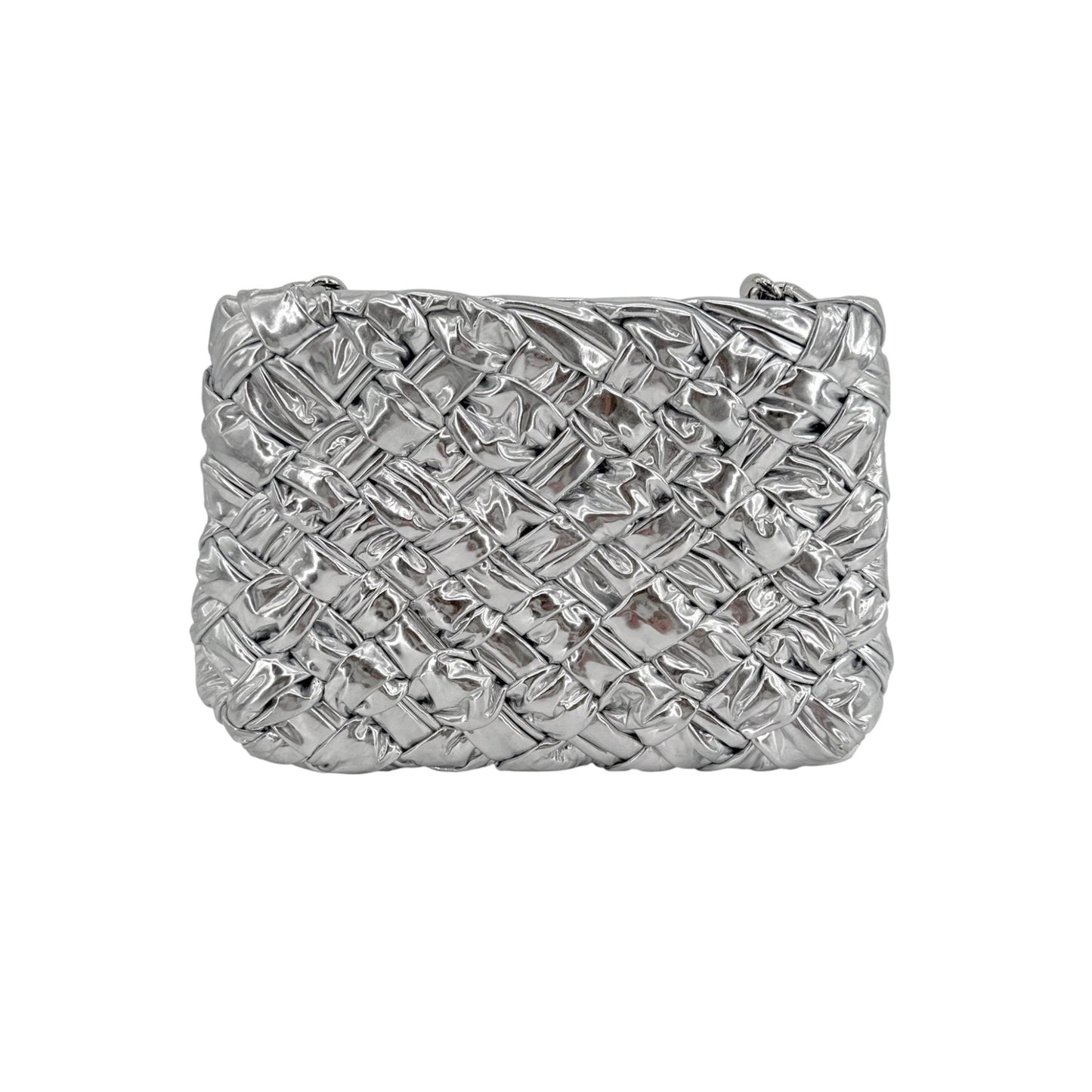 CLARE V. Estelle Clutch Specchio Puffy Woven & Mini Link Shoulder Strap Silver