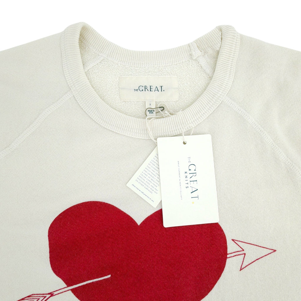 THE GREAT. The College Sweatshirt in Washed White with Red Heart Graphic 2|M The Great.