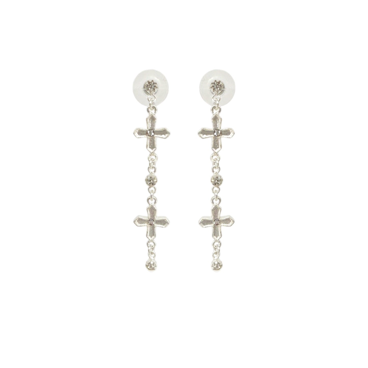 VIRGINS SAINTS & ANGELS VSA Peace Cross 2 Crystal Drop Post Earrings in Silver