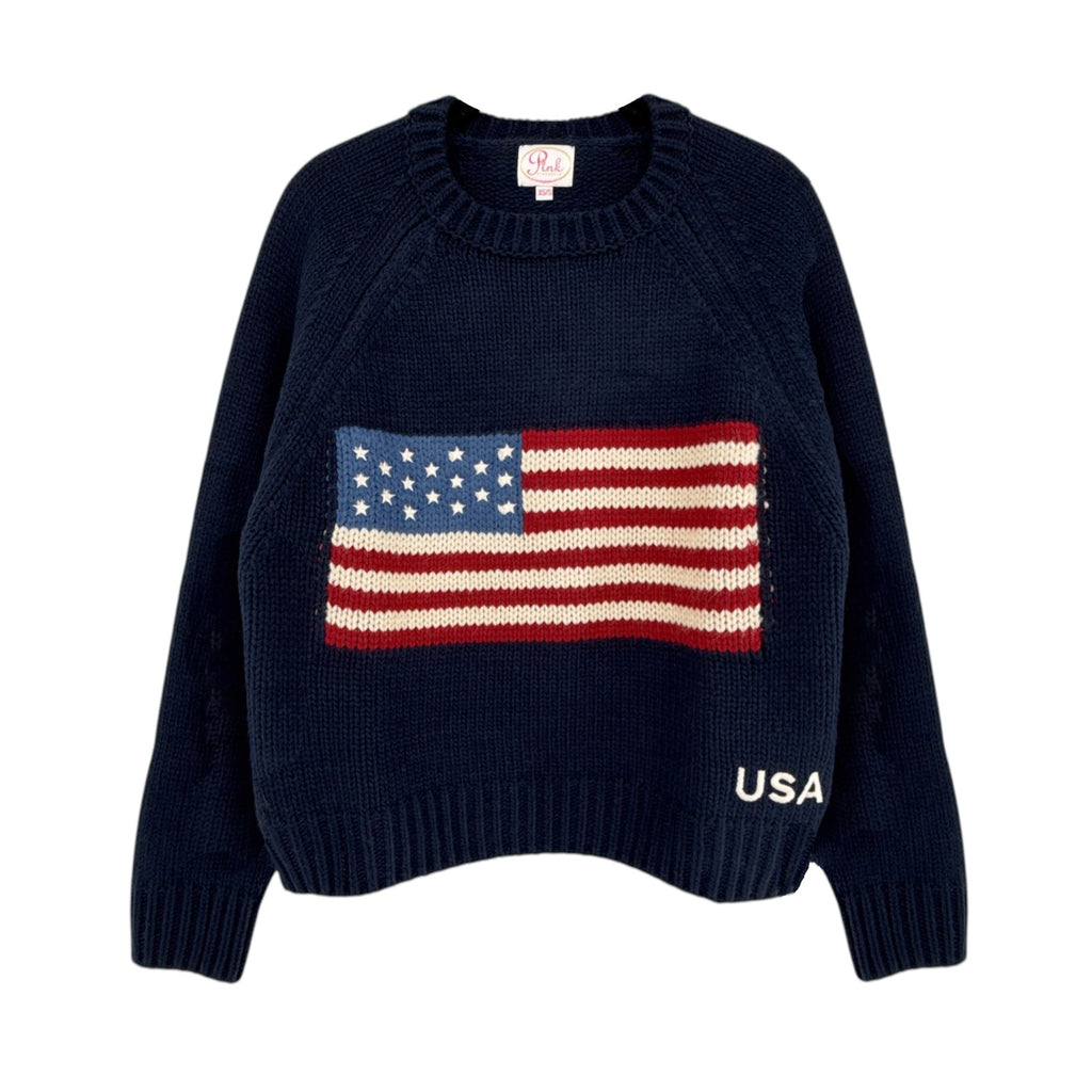 PINK PINEAPPLE Crop Vintage Acrylic Flag Sweater in Navy XS/S Pink Pineapple
