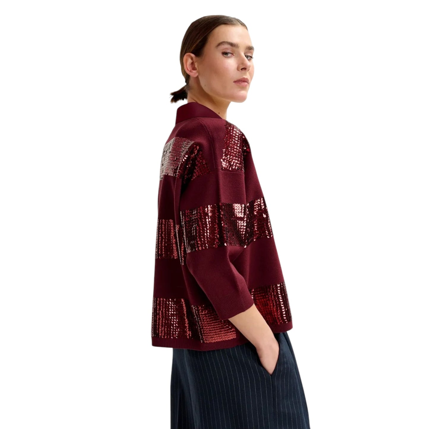 ESSENTIEL ANTWERP Illuminati Sequin Striped Polo Shirt in Wine S