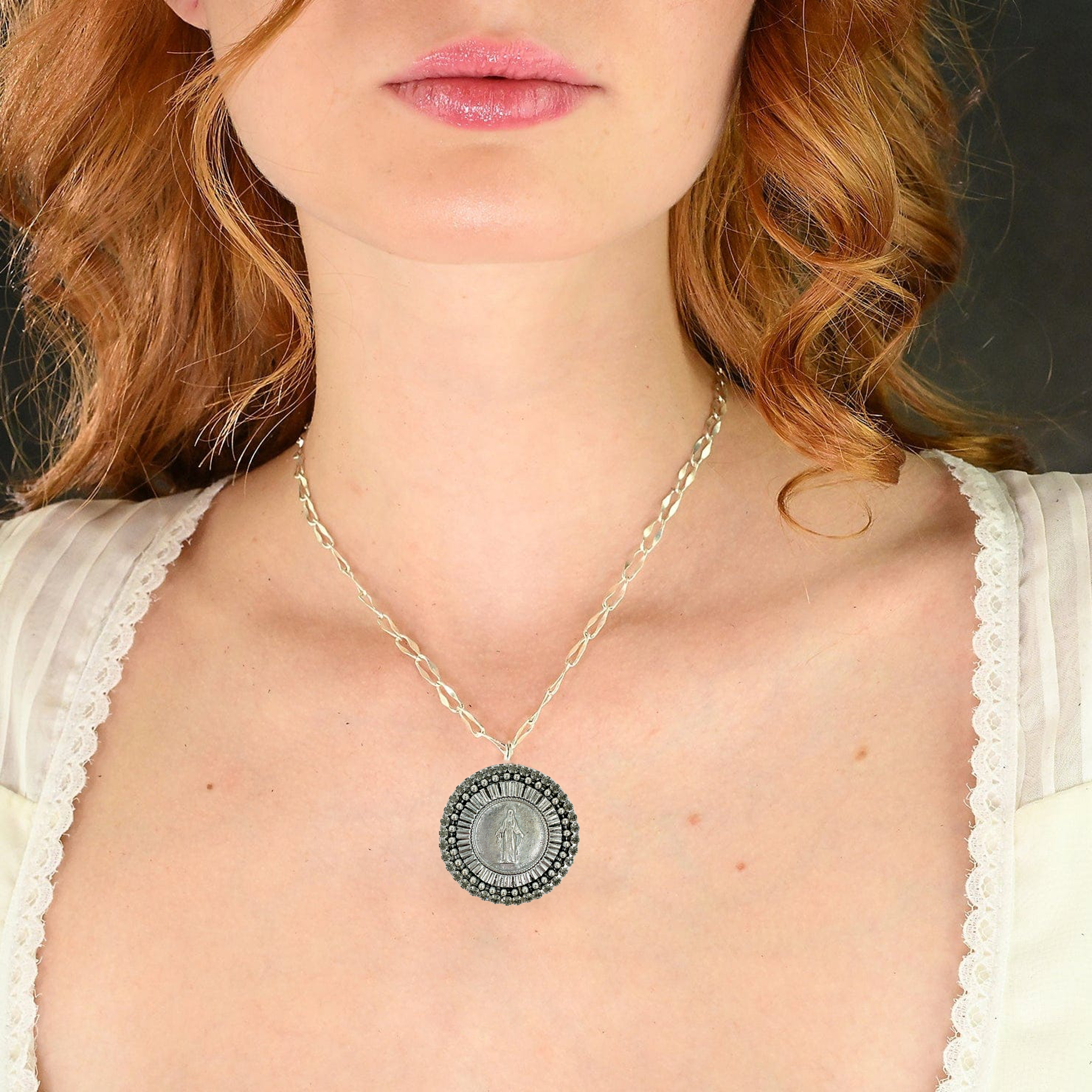 VIRGINS SAINTS & ANGELS Disco Virgin Charm Necklace in Silver & Black Diamond Virgins Saints & Angels