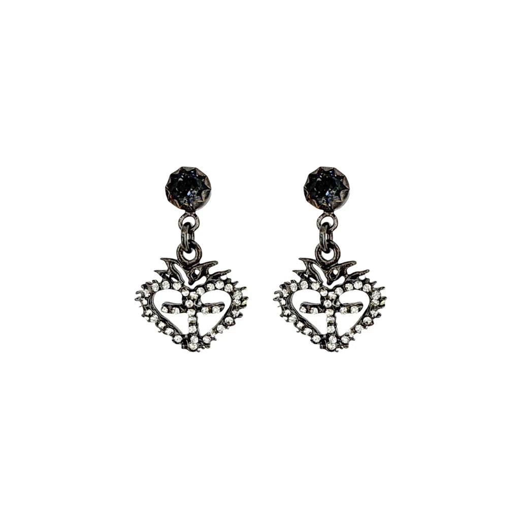 VIRGINS SAINTS & ANGELS VSA Queen of Hearts Crystal Drop Post Earrings in Gunmetal - flyKAMP