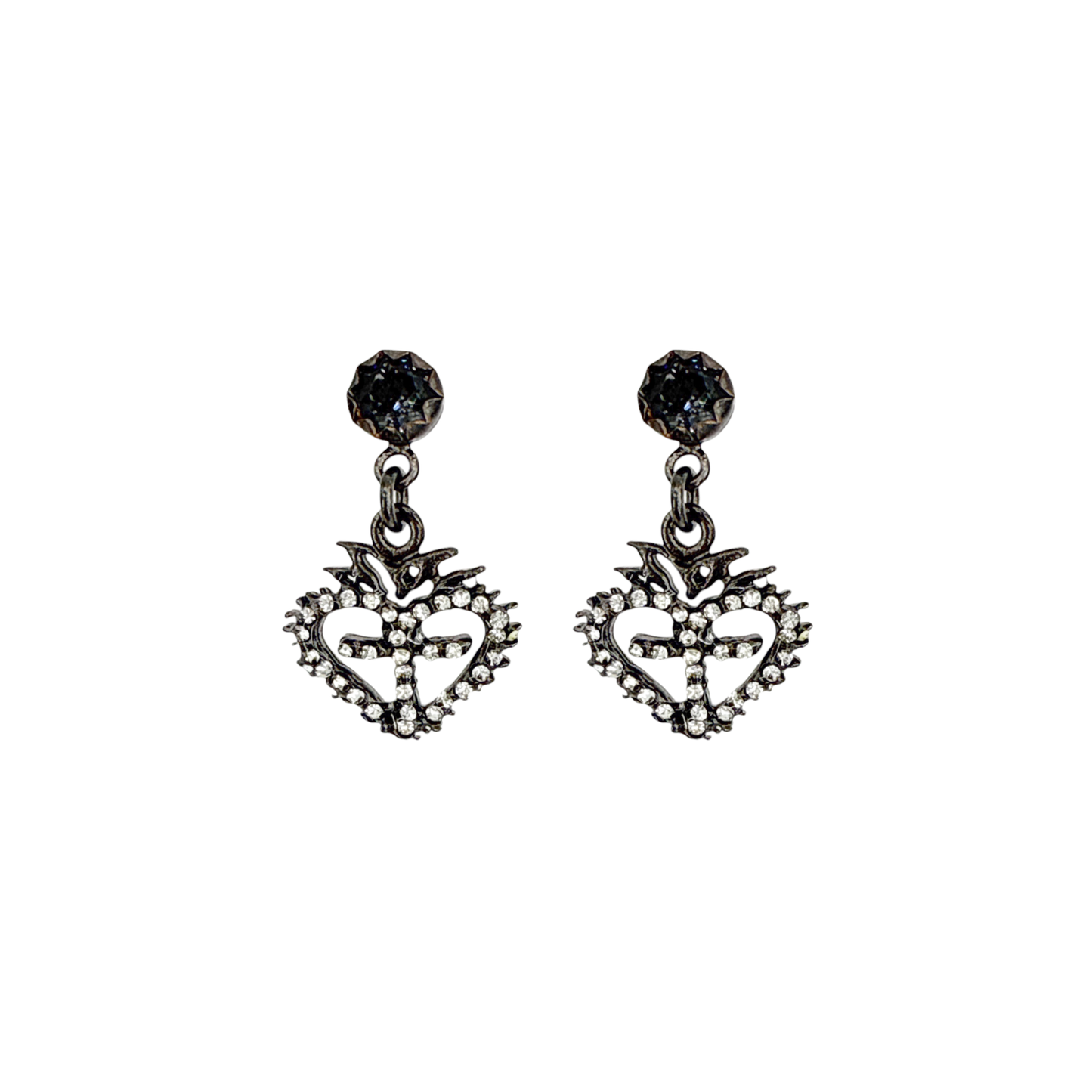 VIRGINS SAINTS & ANGELS VSA Queen of Hearts Crystal Drop Post Earrings in Gunmetal