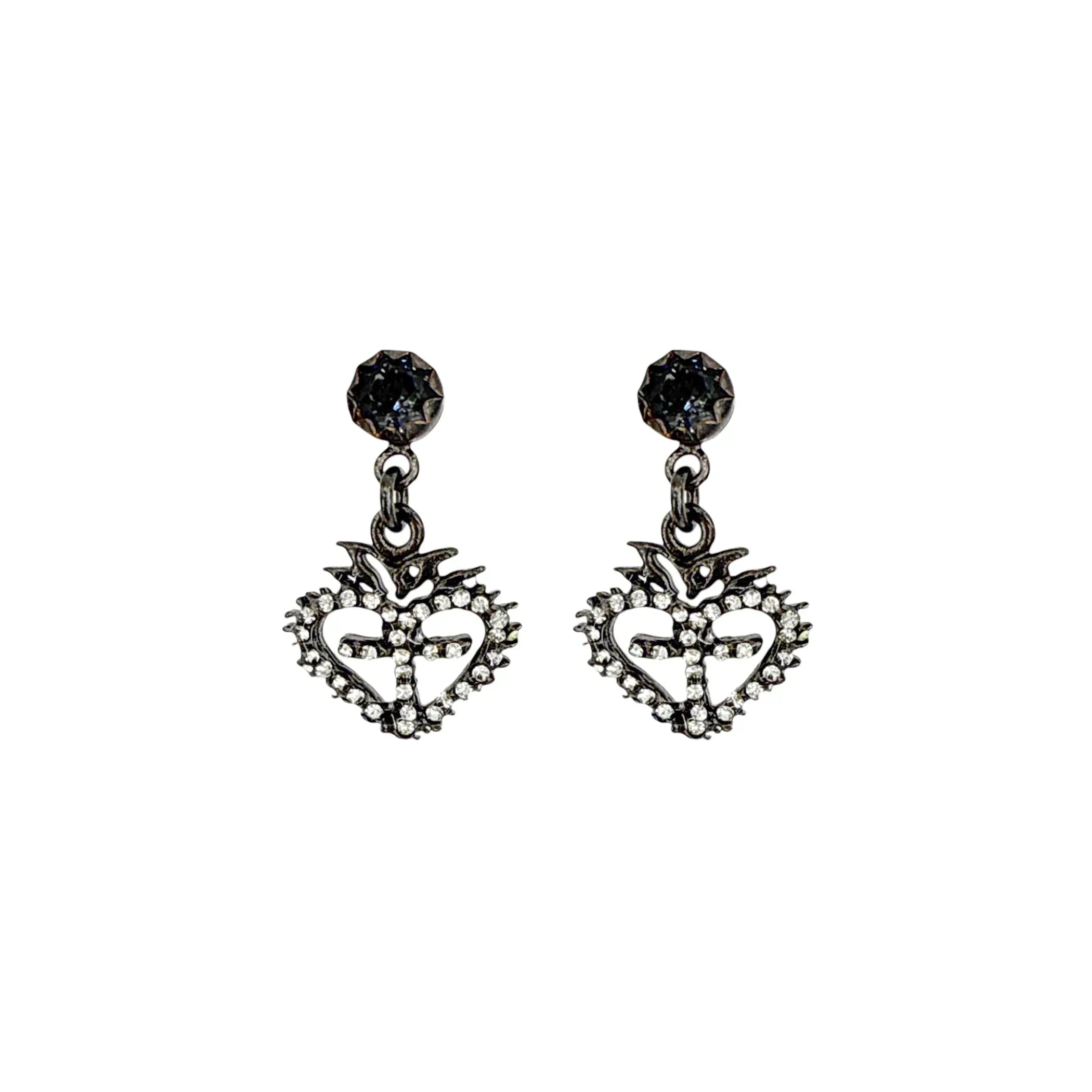 VIRGINS SAINTS & ANGELS VSA Queen of Hearts Crystal Drop Post Earrings in Gunmetal - flyKAMP