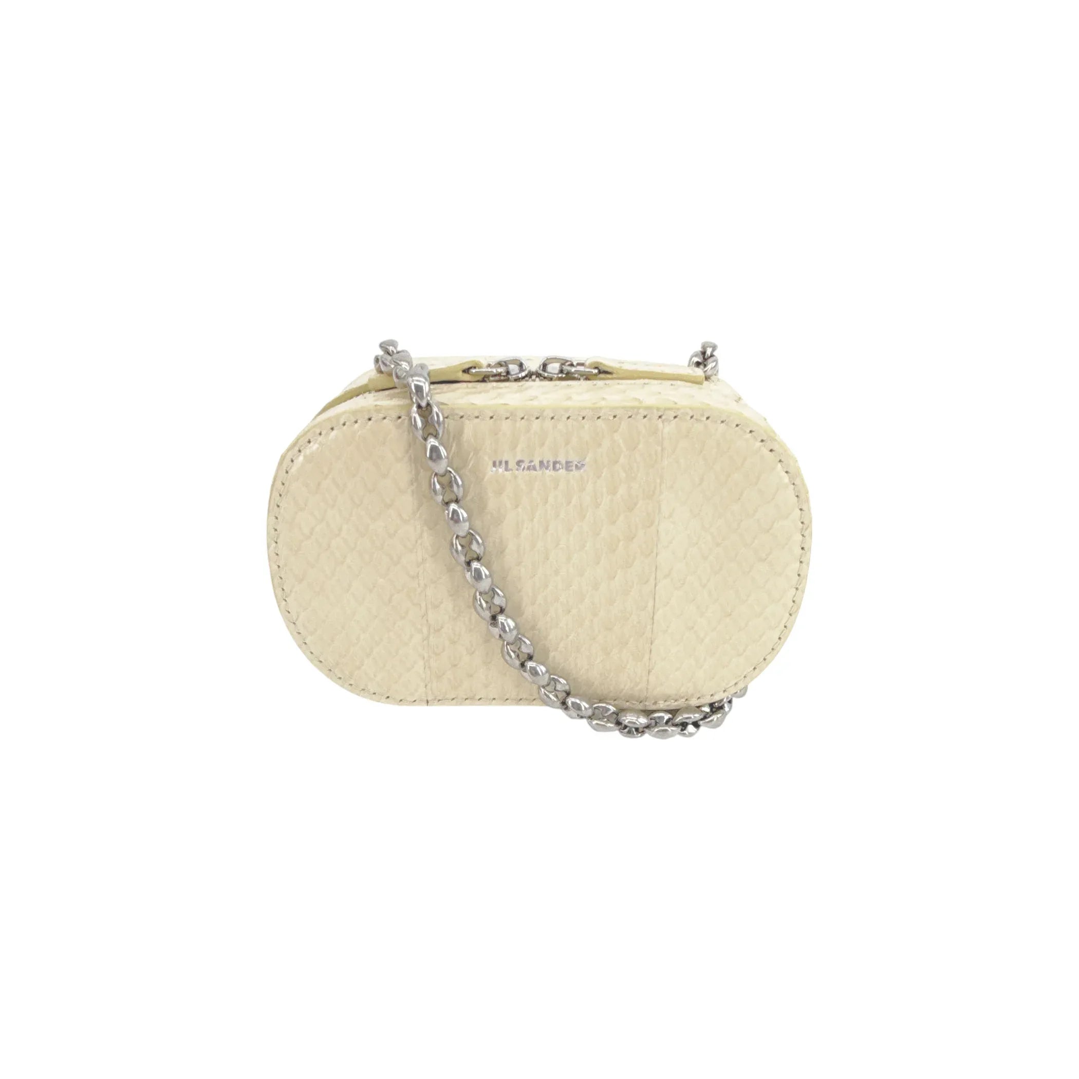 JIL SANDER Tradition Mini Snakeskin Chain Crossbody Bag in Ivory - flyKAMP