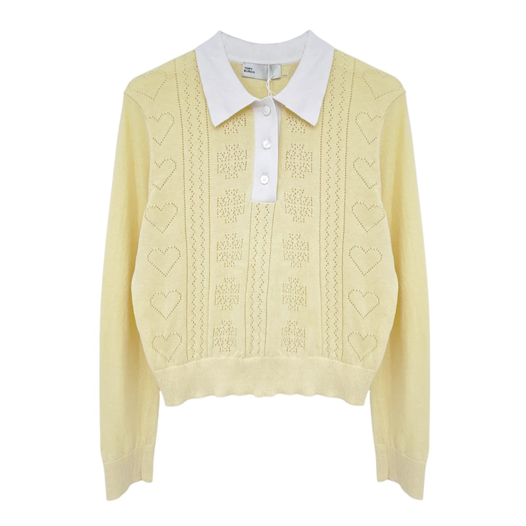 TORY BURCH Heart Pointelle Sweater in Sweet Butter L - flyKAMP