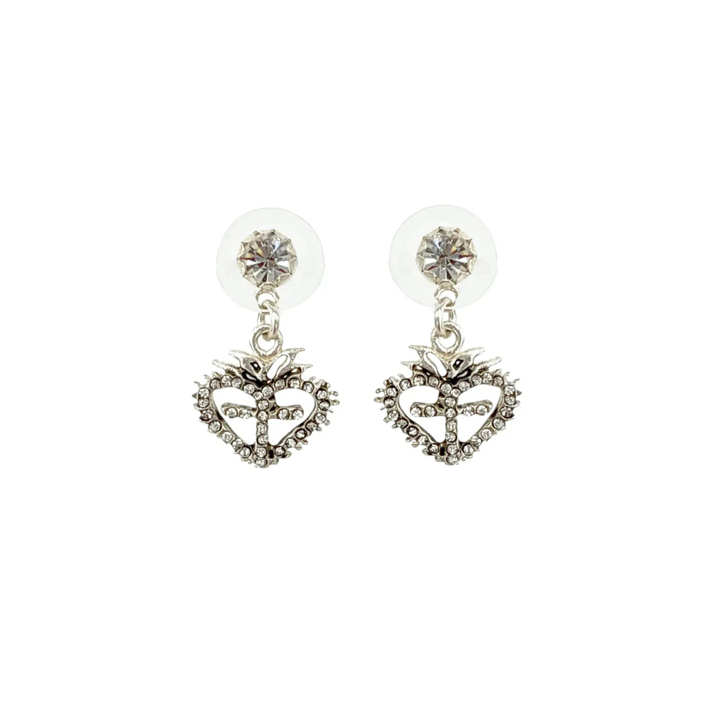 VIRGINS SAINTS & ANGELS VSA Queen of Hearts Crystal Drop Post Earrings in Silver - flyKAMP