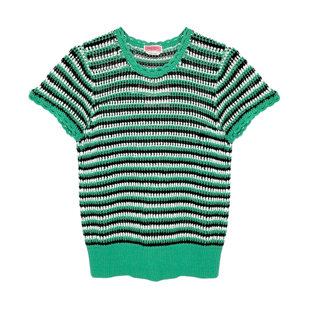 KATE SPADE New York Crochet Short Sleeve Sweater in Gumdrop Green S - flyKAMP