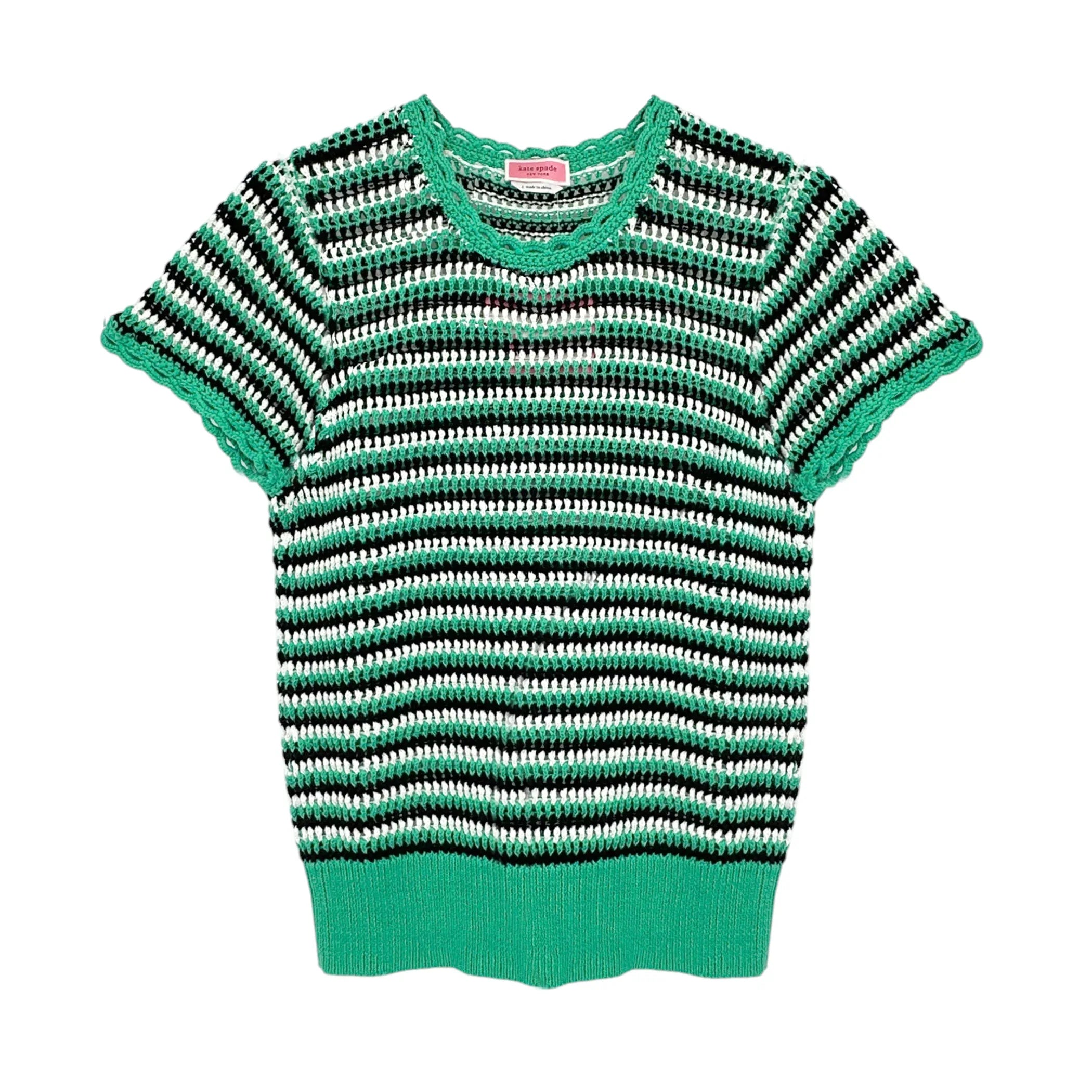 KATE SPADE New York Crochet Short Sleeve Sweater in Gumdrop Green S - flyKAMP