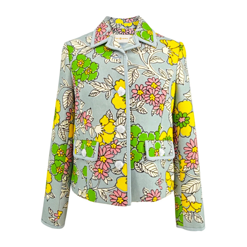 TORY BURCH Wallpaper Floral Twill Crepe Jacket in Blue Wallpaper Floral 2 - flyKAMP
