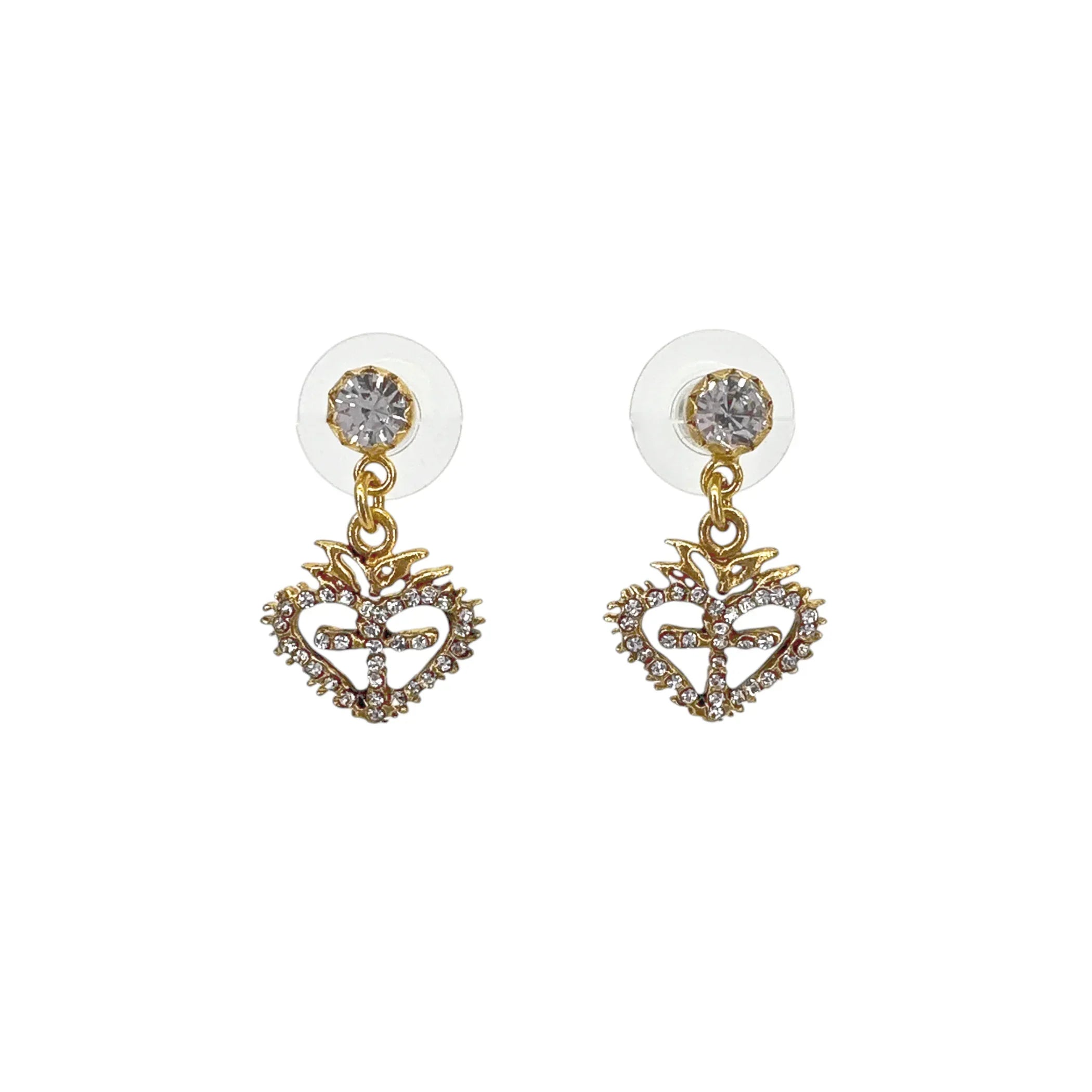 VIRGINS SAINTS & ANGELS VSA Queen of Hearts Crystal Drop Post Earrings in Gold - flyKAMP