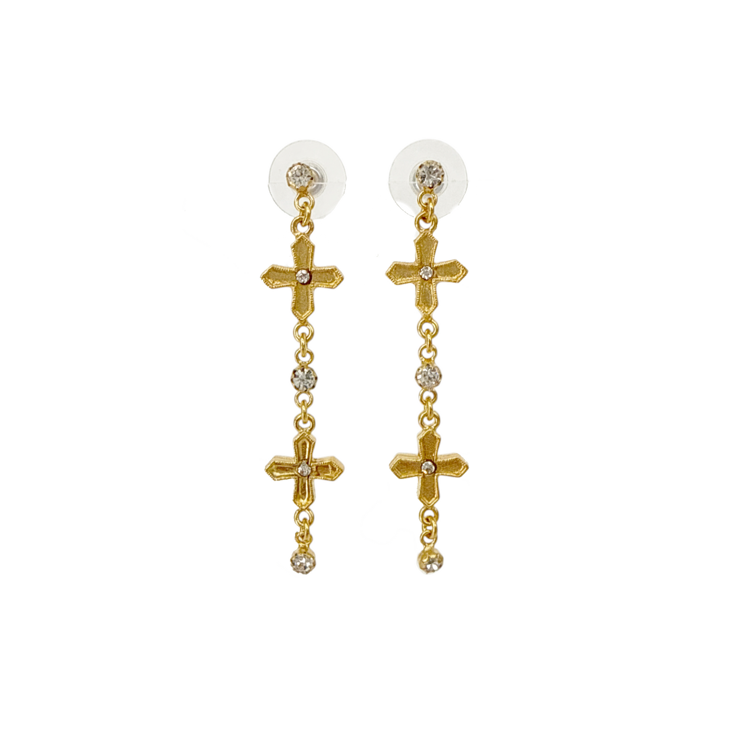 VIRGINS SAINTS & ANGELS VSA Peace Cross 2 Crystal Drop Post Earrings in Gold