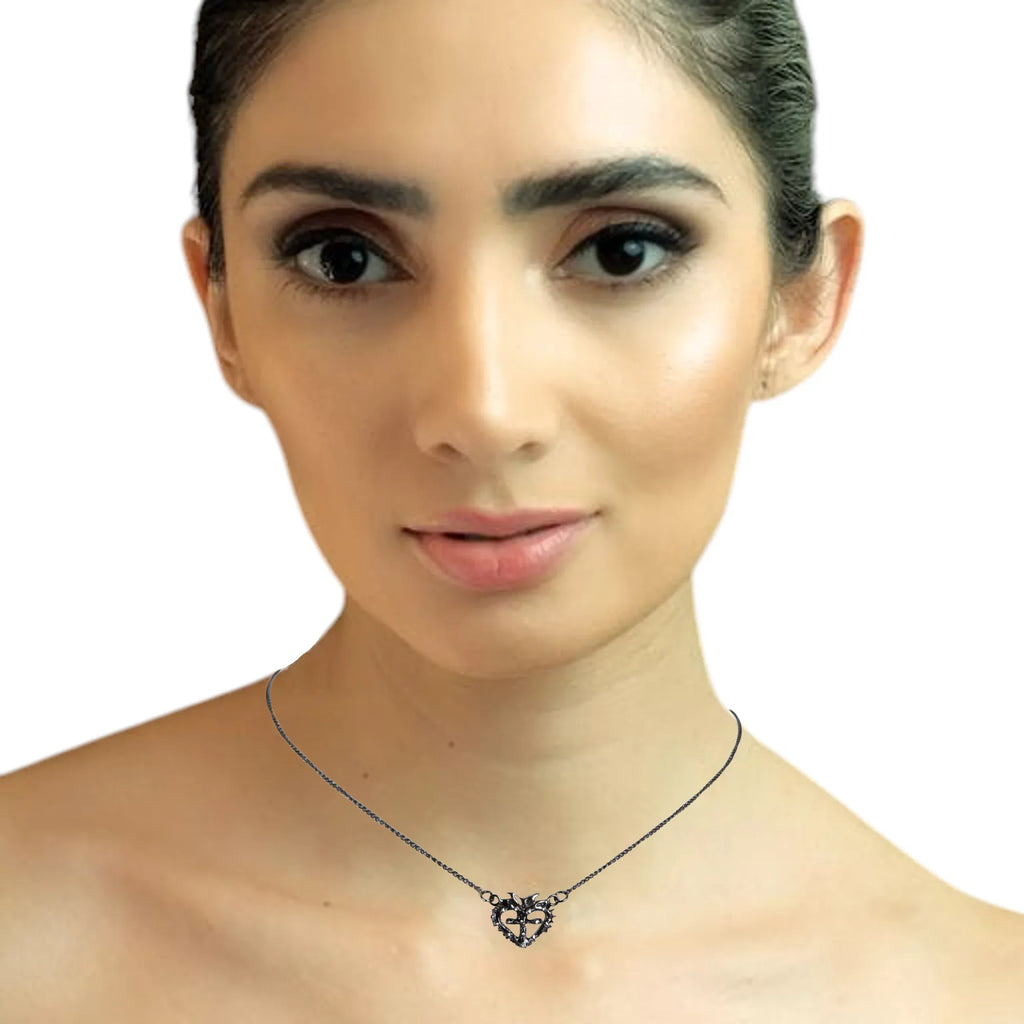VIRGINS SAINTS & ANGELS Queen of Hearts Petite Crystal Logo Necklace Gunmetal - flyKAMP