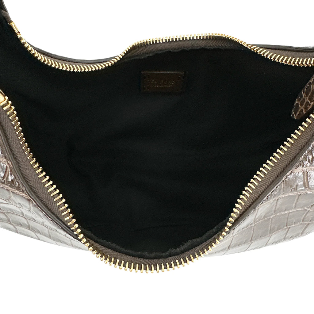 TOM FORD Calfskin Crocodile Embossed Mini Bianca Hobo Chestnut - flyKAMP