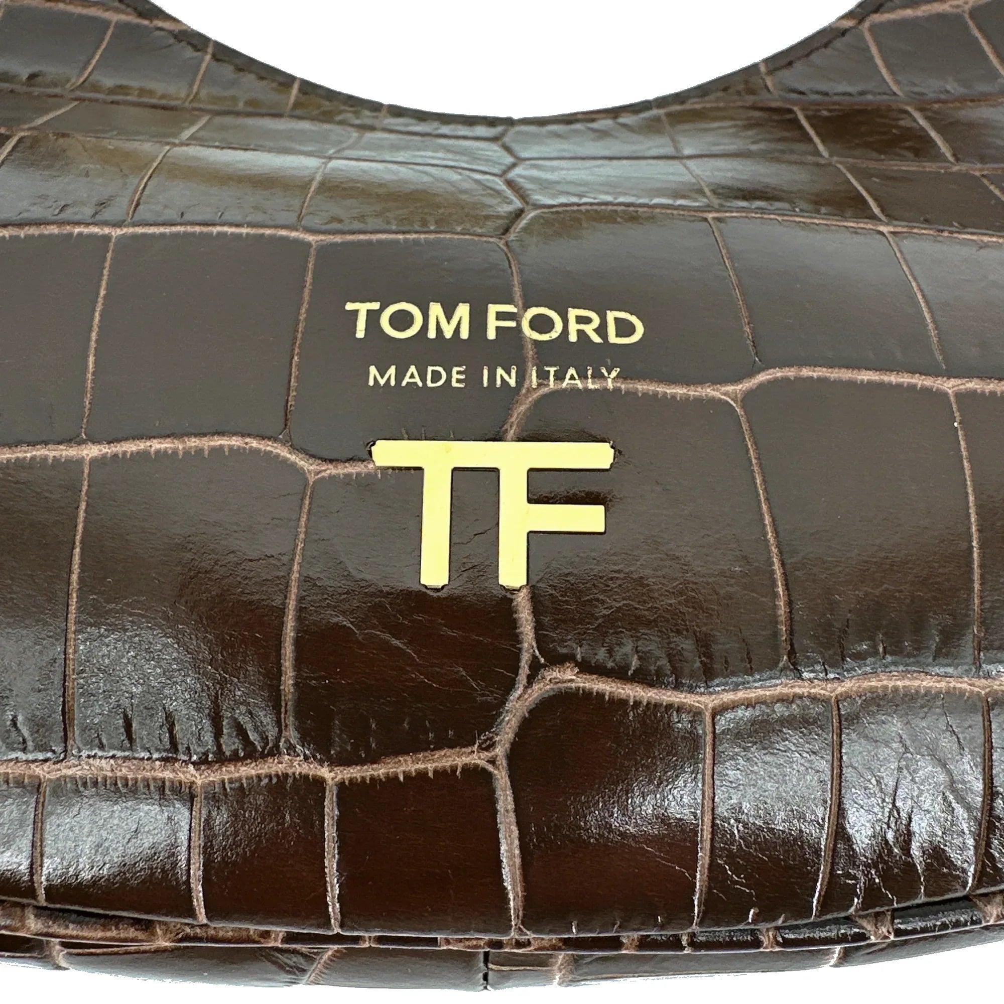 TOM FORD Calfskin Crocodile Embossed Mini Bianca Hobo Chestnut - flyKAMP