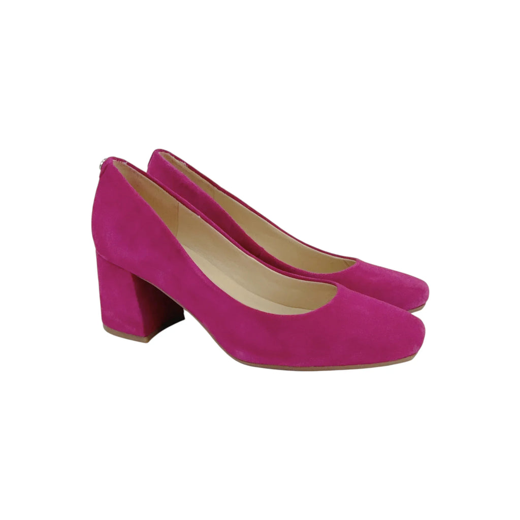 NINE WEST Vibe 9x9 Block Heel Pumps in Pink Berry Suede 6.5 - flyKAMP