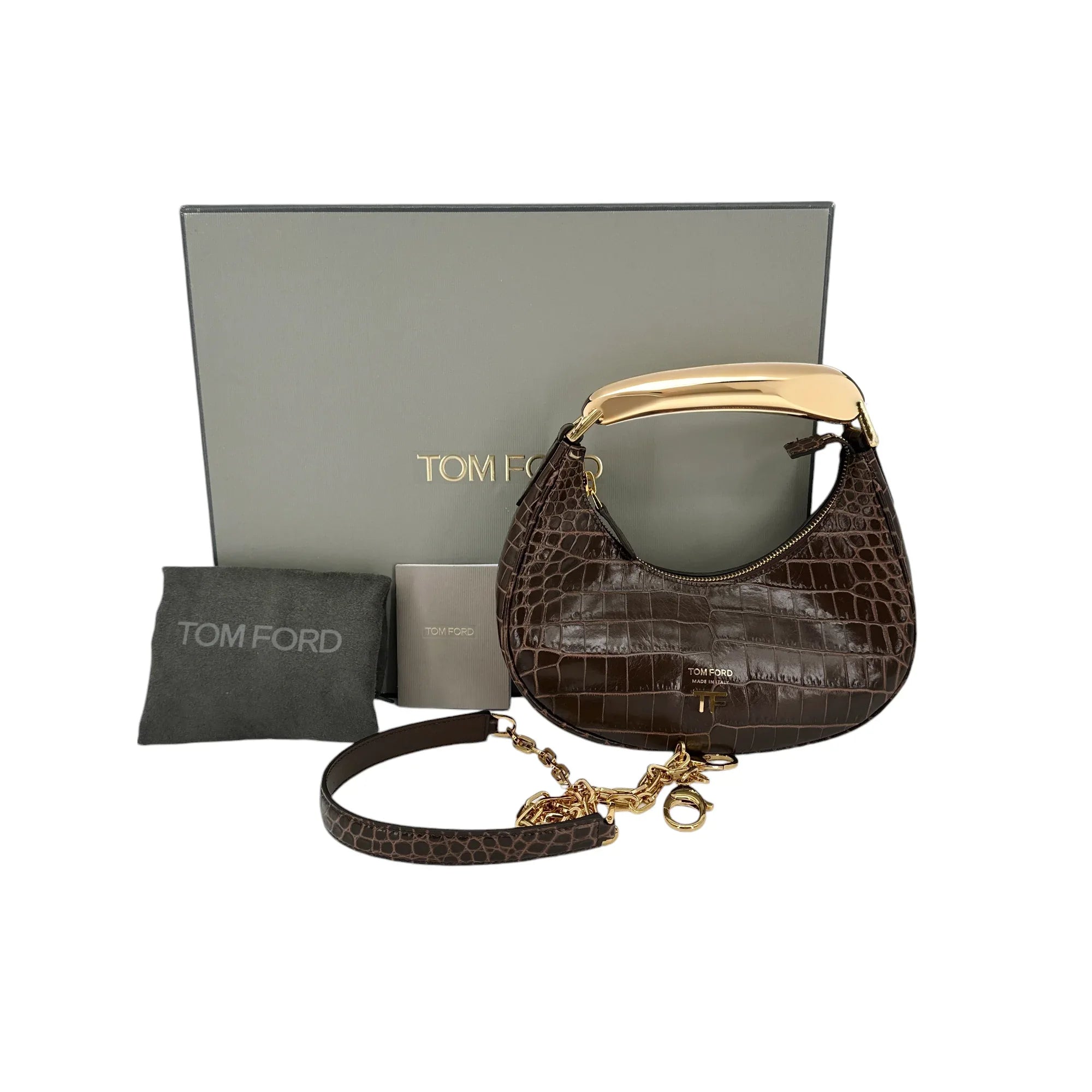 TOM FORD Calfskin Crocodile Embossed Mini Bianca Hobo Chestnut - flyKAMP