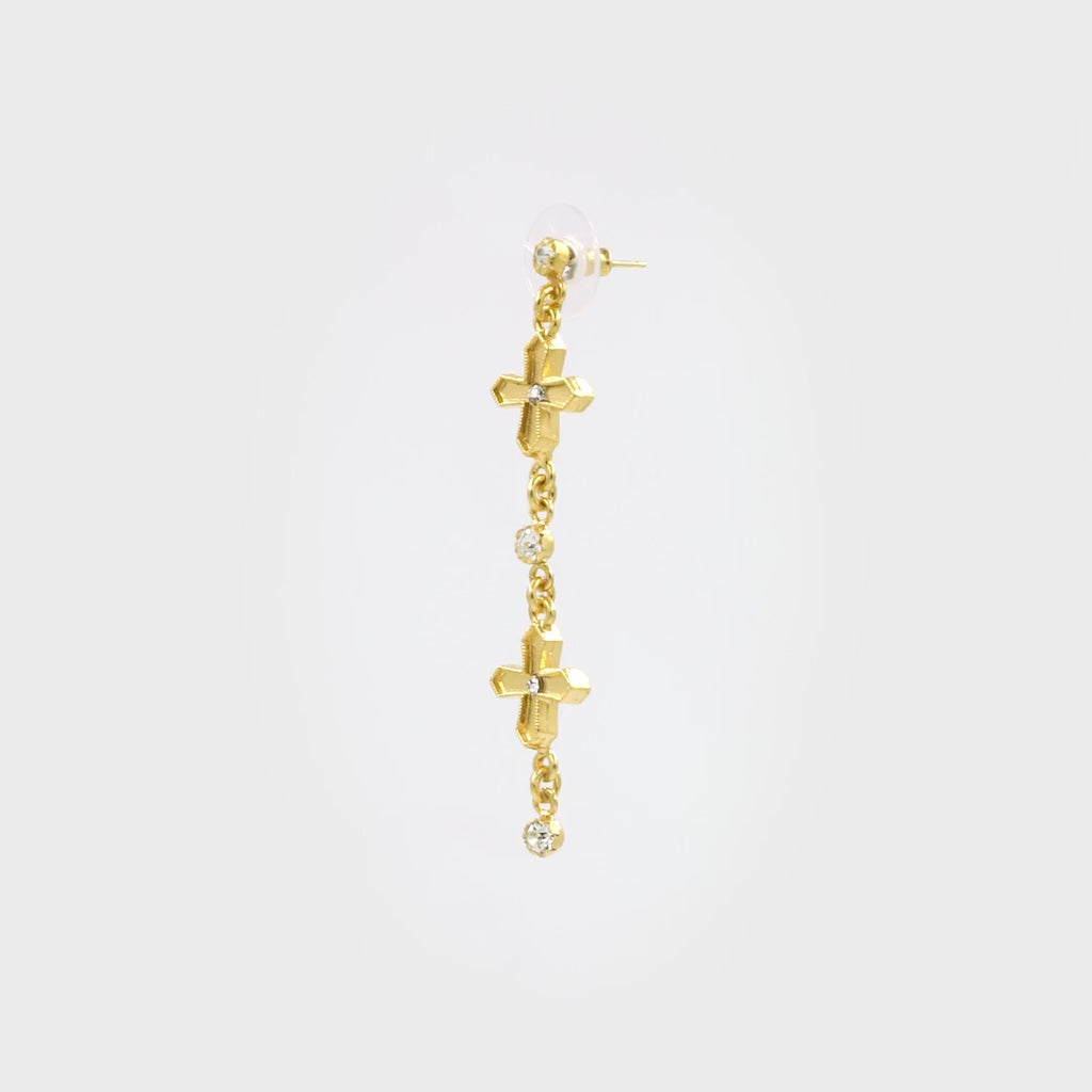 VIRGINS SAINTS & ANGELS VSA Peace Cross 2 Crystal Drop Post Earrings in Gold