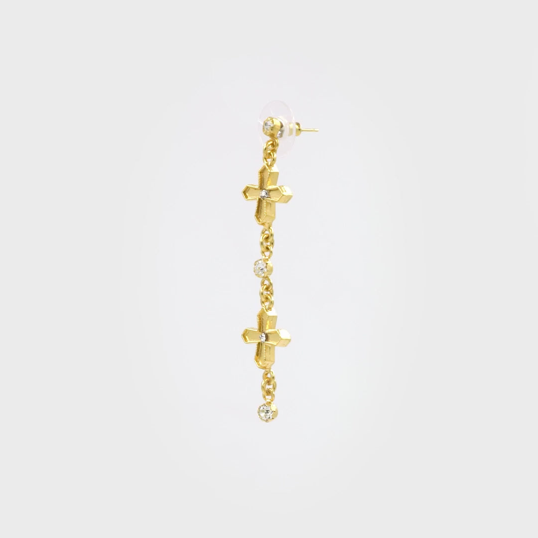 VIRGINS SAINTS & ANGELS VSA Peace Cross 2 Crystal Drop Post Earrings in Gold