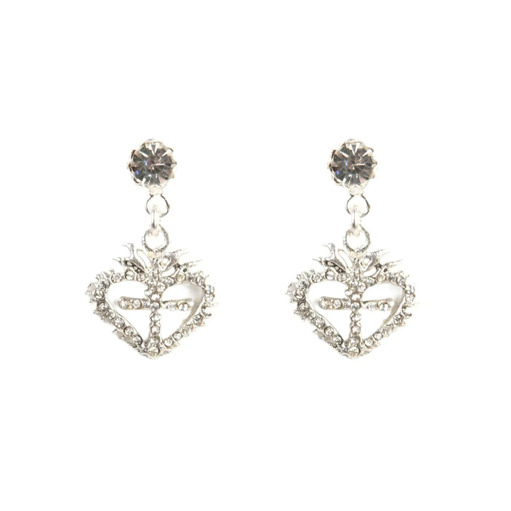 VIRGINS SAINTS & ANGELS VSA Queen of Hearts Crystal Drop Post Earrings in Silver - flyKAMP