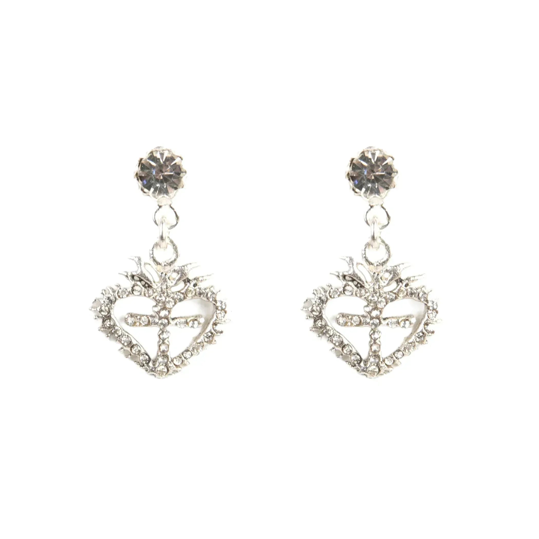VIRGINS SAINTS & ANGELS VSA Queen of Hearts Crystal Drop Post Earrings in Silver - flyKAMP