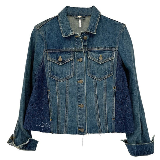 FREE PEOPLE Lace Inset Raw Hem Denim Jacket S