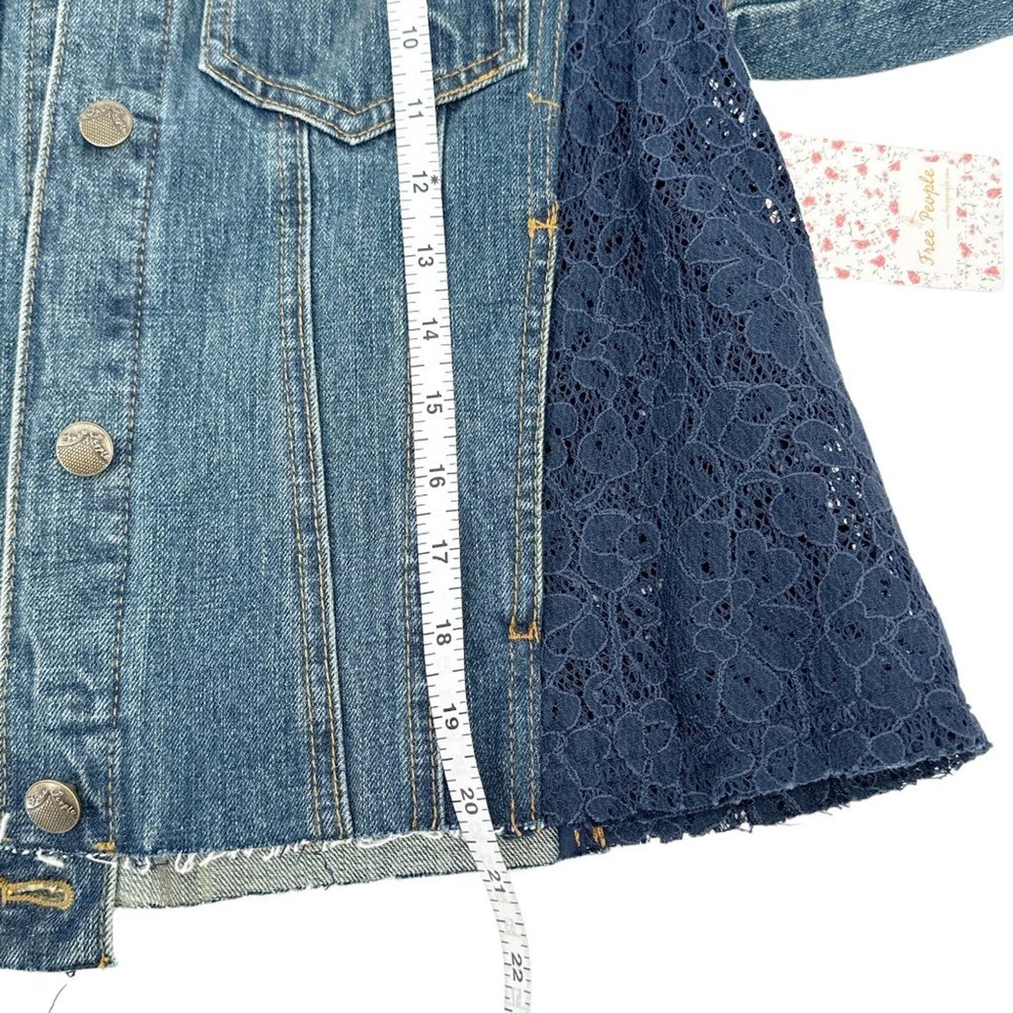 FREE PEOPLE Lace Inset Raw Hem Denim Jacket S