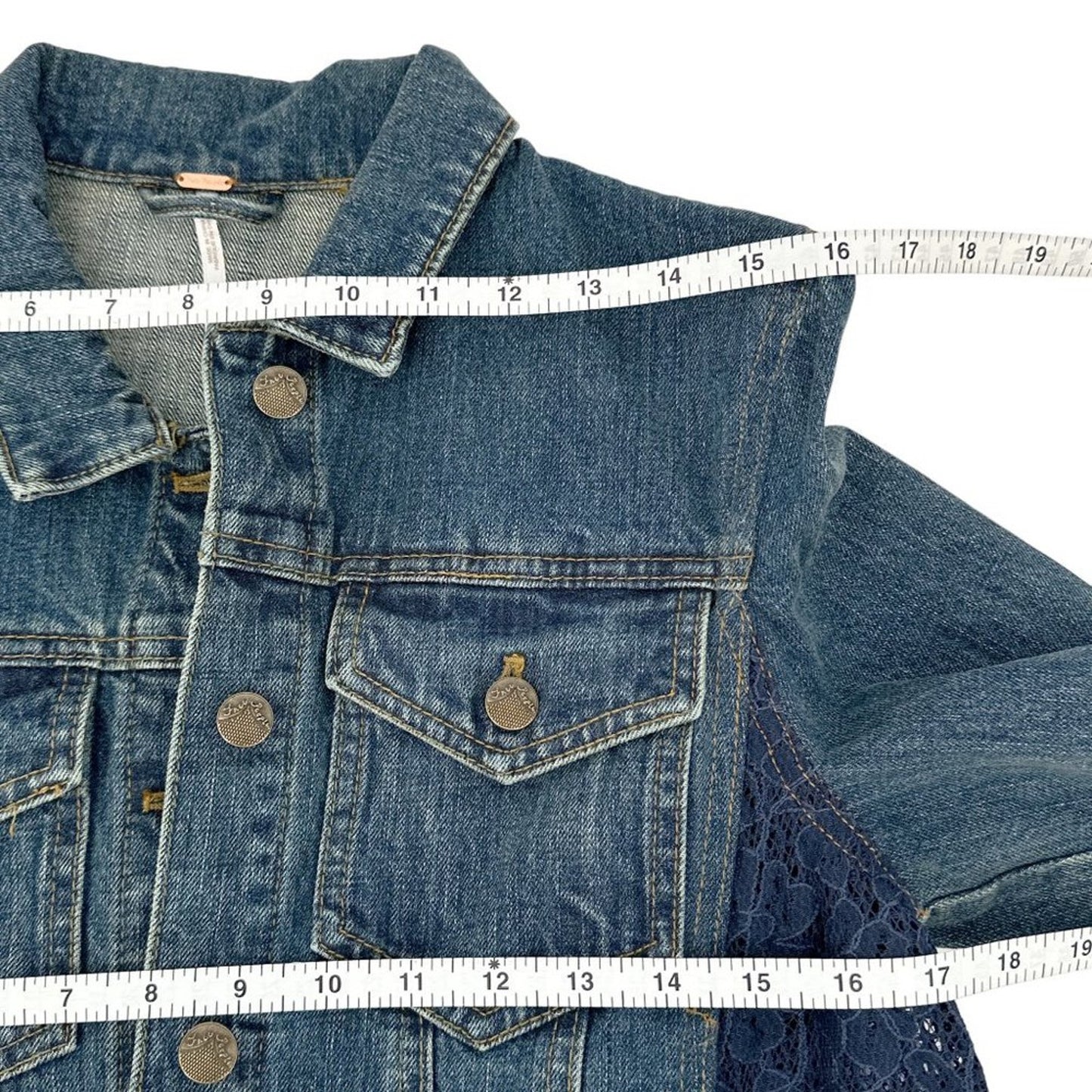 FREE PEOPLE Lace Inset Raw Hem Denim Jacket S