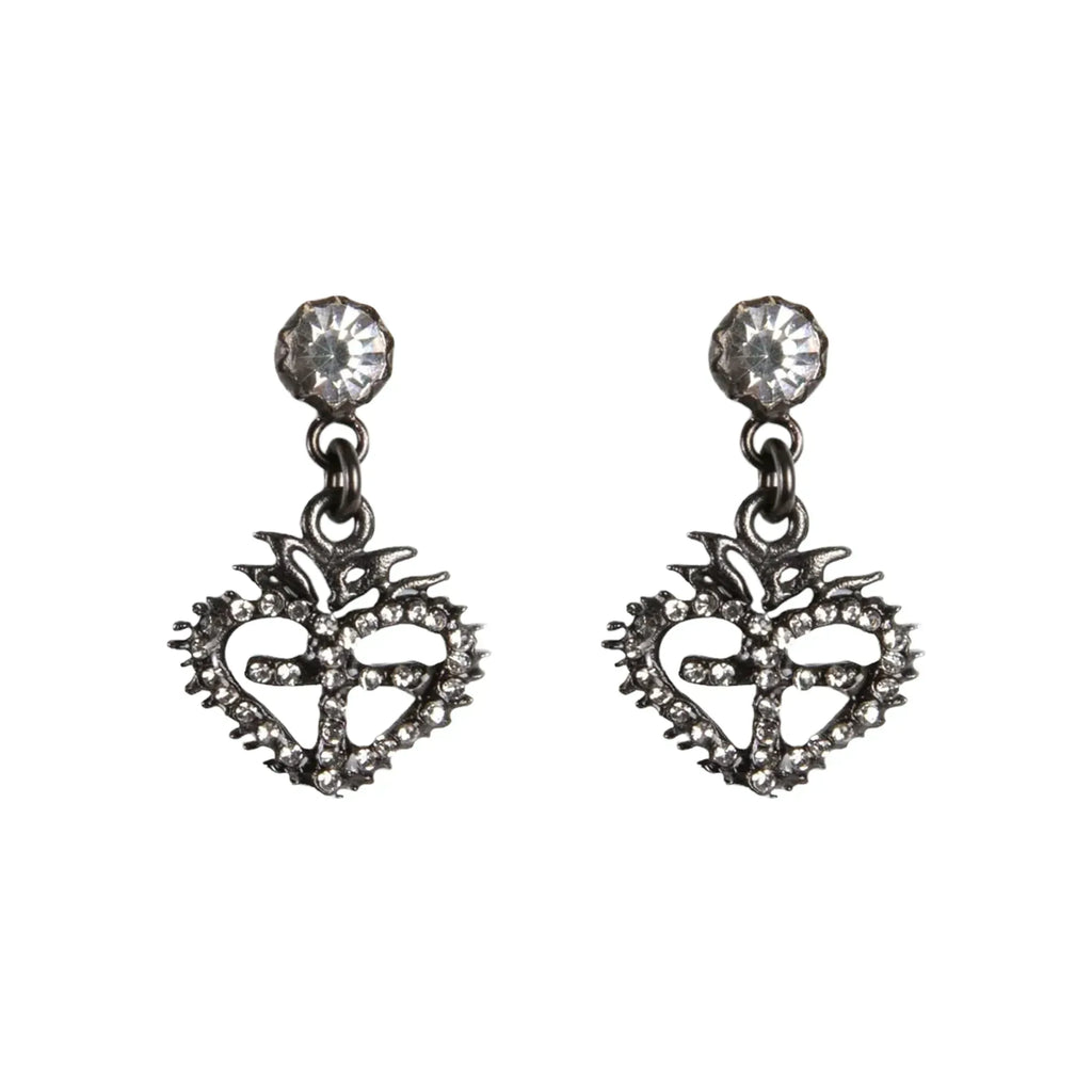 VIRGINS SAINTS & ANGELS VSA Queen of Hearts Crystal Drop Post Earrings in Gunmetal - flyKAMP