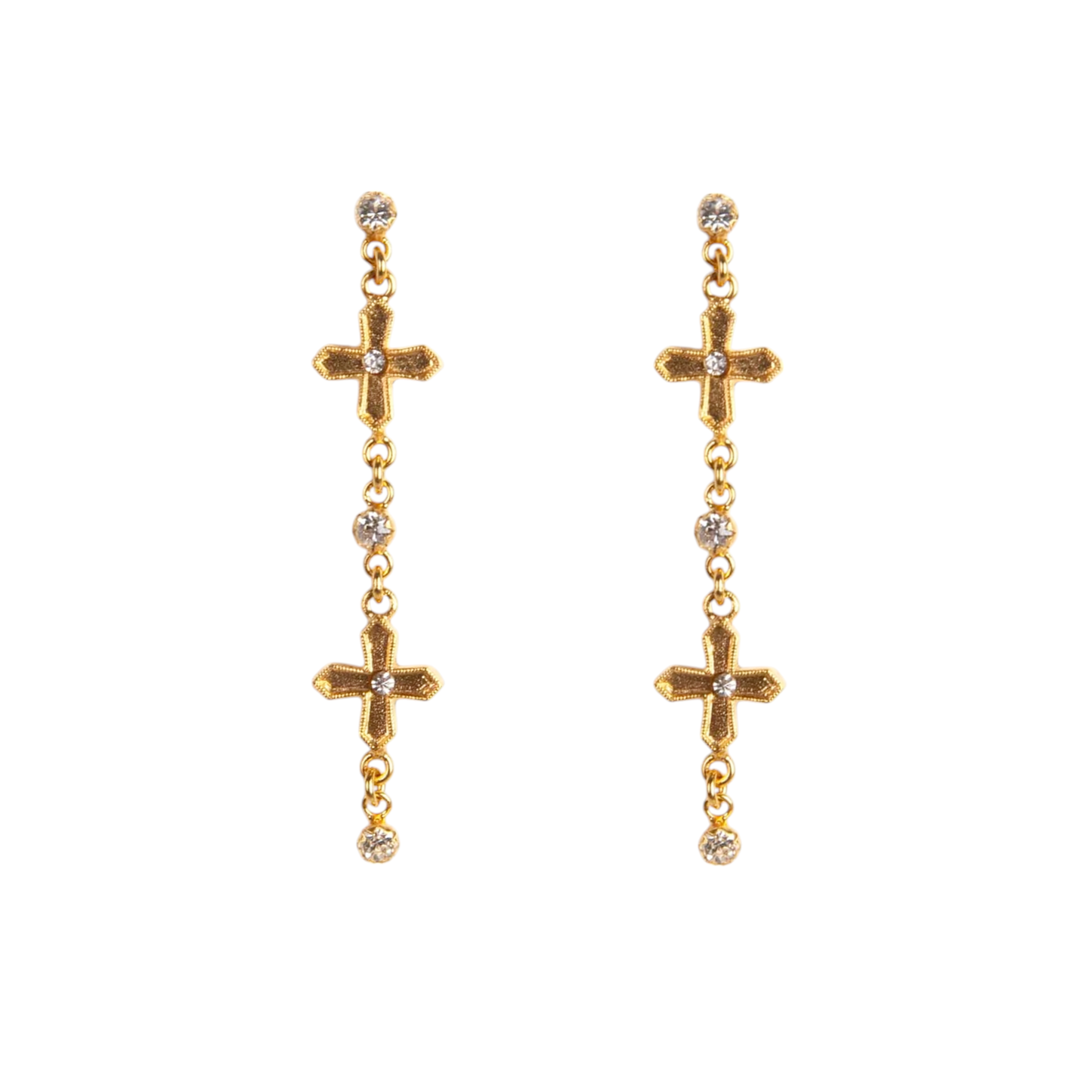 VIRGINS SAINTS & ANGELS VSA Peace Cross 2 Crystal Drop Post Earrings in Gold