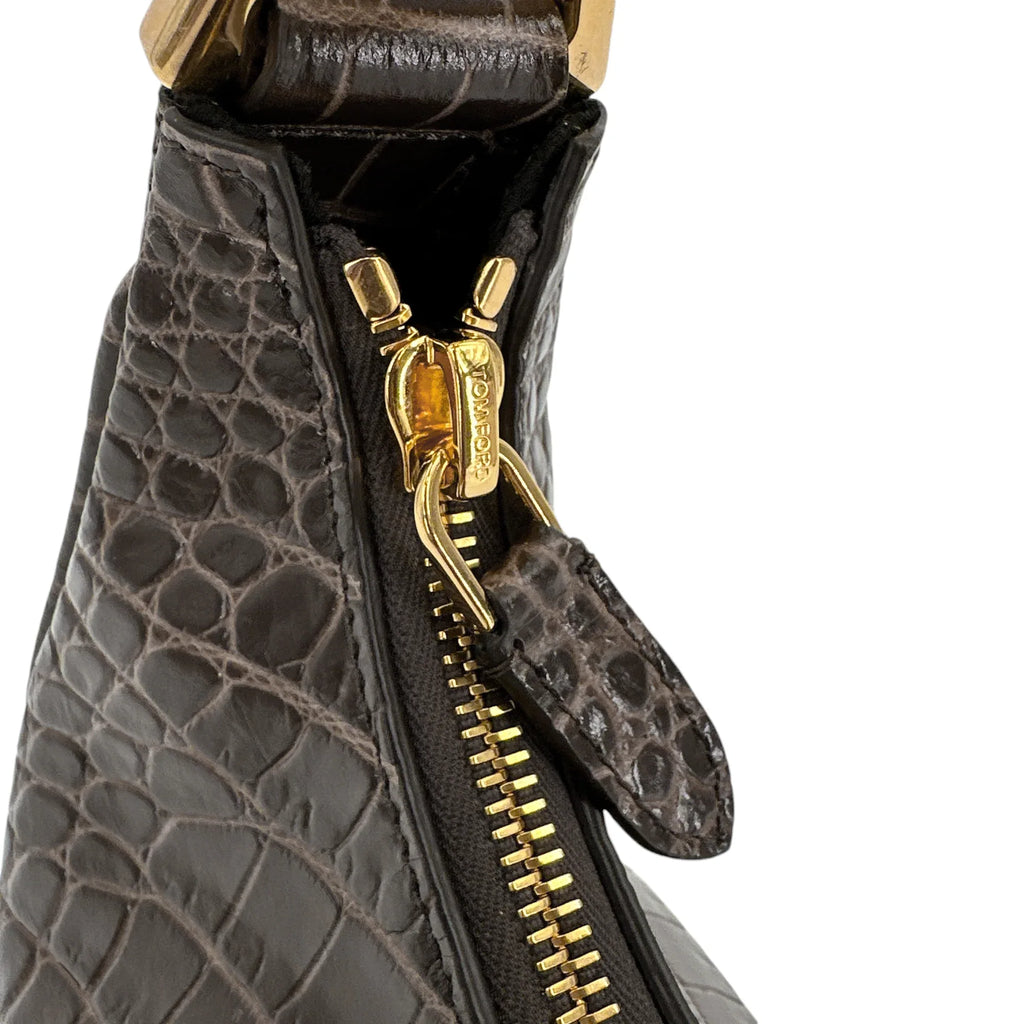 TOM FORD Calfskin Crocodile Embossed Mini Bianca Hobo Chestnut - flyKAMP